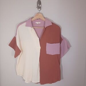 Entro Colorblock Cotton Gauze Short Sleeve Button Blouse Women's Size L